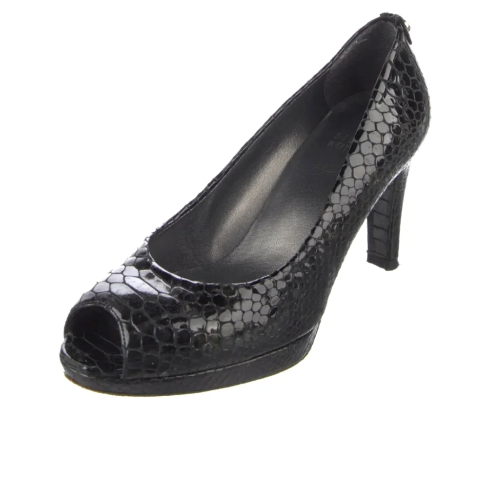 Stuart Weitzman Black Crystal Leather Plainfield Logo Snakeskin Peep Toe…